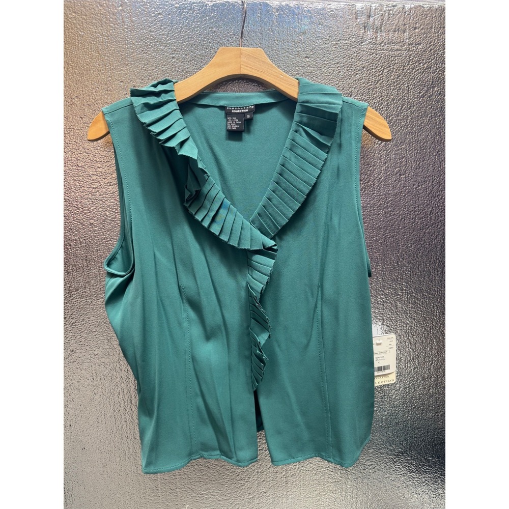 Doncaster Collection Silk Blend Ruffle Collar Sleeveless Blouse Jade Green Sz 16